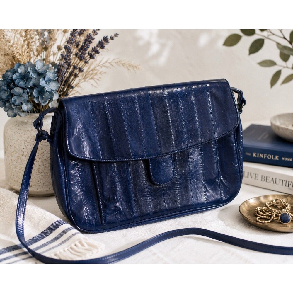 Vintage Genuine Eel Skin Navy Blue Shoulder Bag Purse Korea Glossy Leather